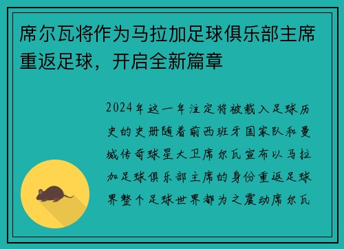 席尔瓦将作为马拉加足球俱乐部主席重返足球，开启全新篇章